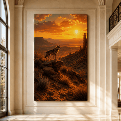 Coyote Overlooking Desert Canyon at Sunset Wrapped Canvas Wall Art – Southwestern Wildlife Landscape Print - ART OF ROYALS