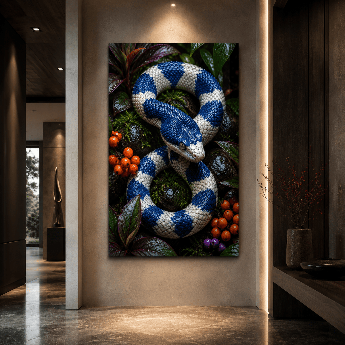 Blue and White Snake Wrapped Canvas Wall Art – Coiled Serpent Tropical Wildlife Print - ART OF ROYALS