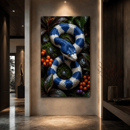 Blue and White Snake Wrapped Canvas Wall Art – Coiled Serpent Tropical Wildlife Print - ART OF ROYALS
