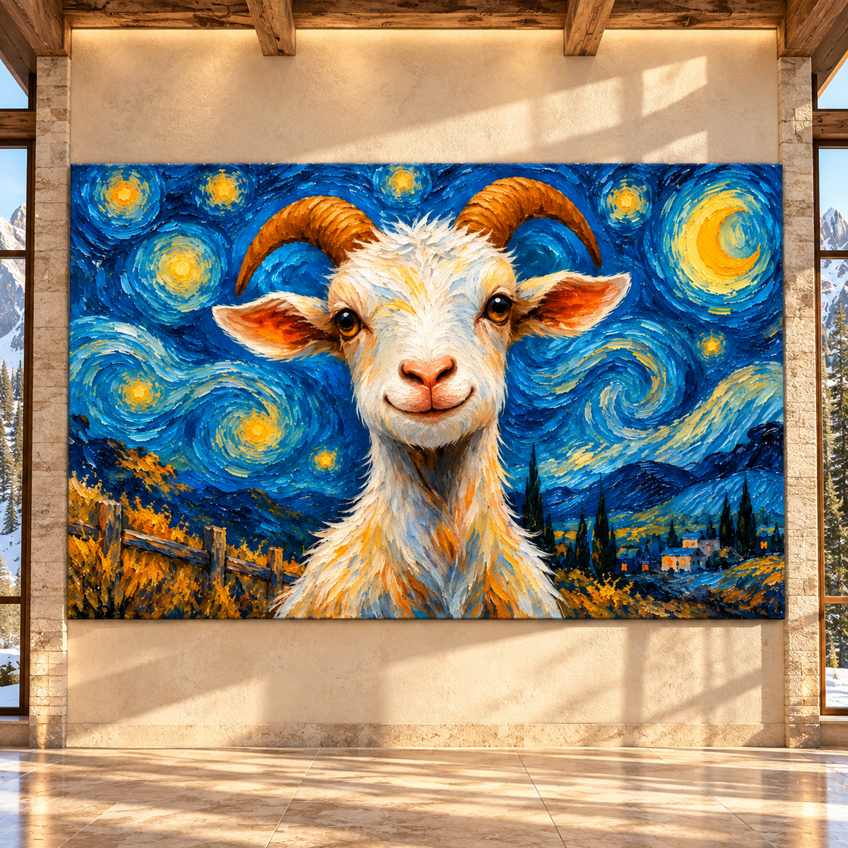 Whimsical Goat Under a Starry Night Wrapped Canvas Wall Art – Colorful Farm Animal Painting - ART OF ROYALS