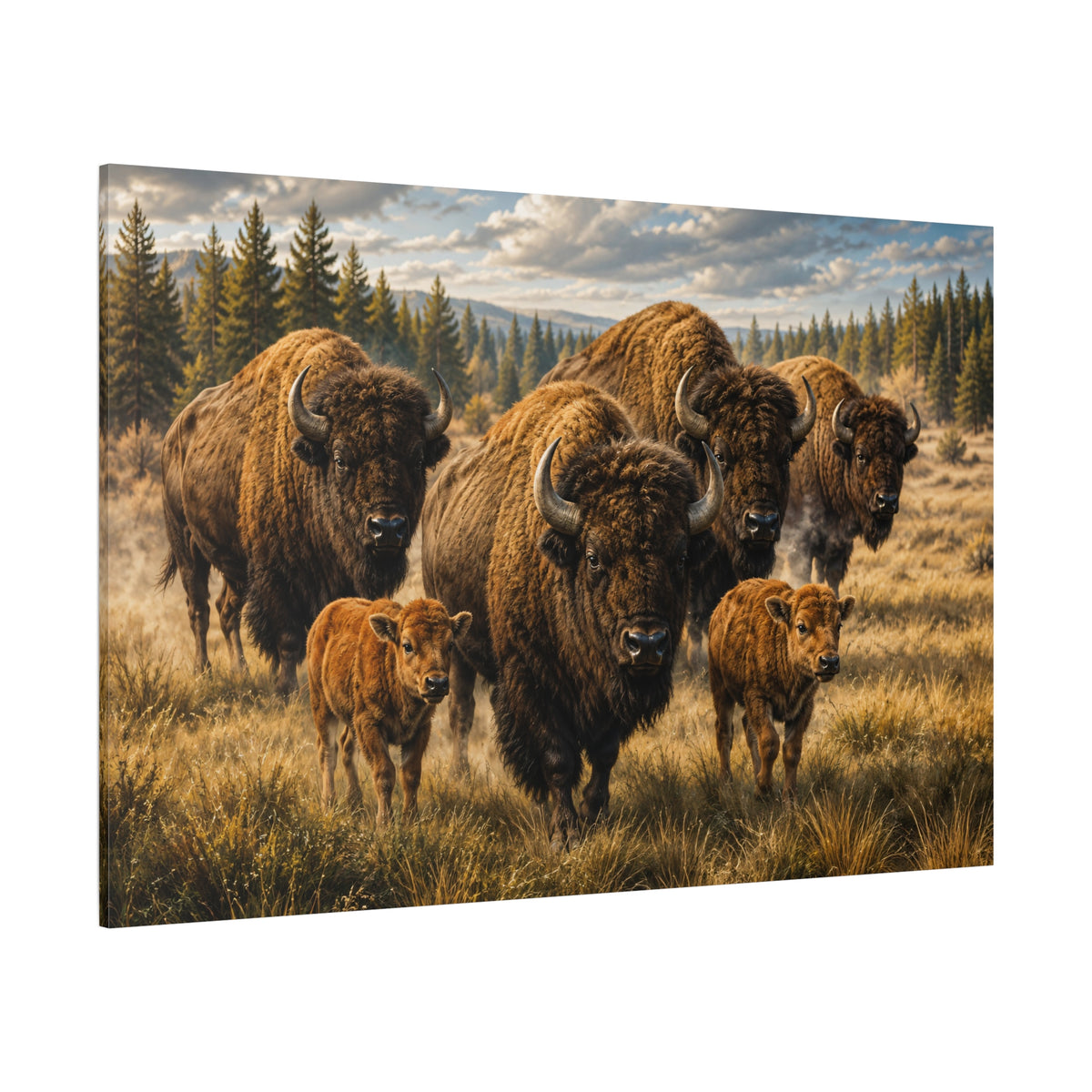 Bison Family with Calves Wrapped Canvas Wall Art – Heartwarming Wildlife Photography Print - ART OF ROYALS