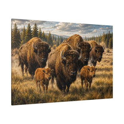 Bison Family with Calves Wrapped Canvas Wall Art – Heartwarming Wildlife Photography Print - ART OF ROYALS