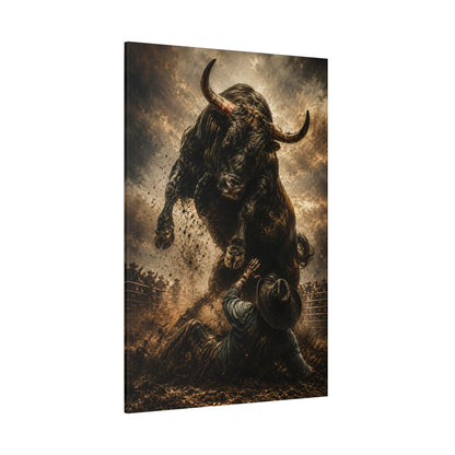 The Moment After – Rodeo Bull and Fallen Cowboy Canvas Wall Art - ART OF ROYALS
