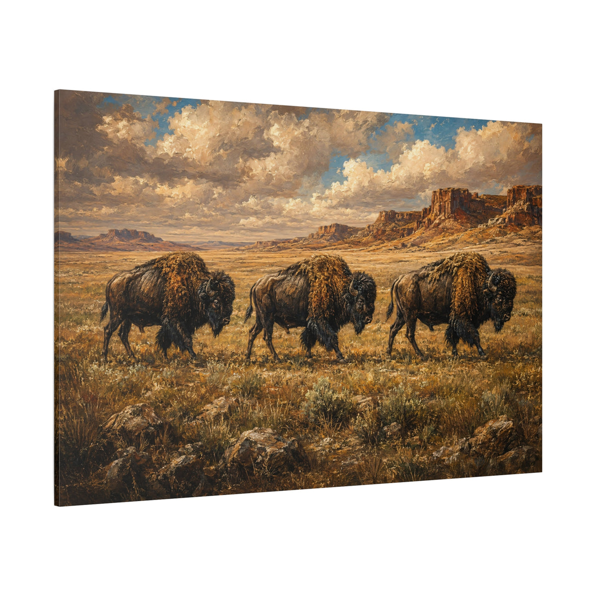 Bison Trio Crossing the Plains Wrapped Canvas Wall Art – Classical Western Landscape Print - ART OF ROYALS