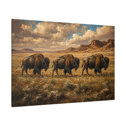 Bison Trio Crossing the Plains Wrapped Canvas Wall Art – Classical Western Landscape Print - ART OF ROYALS
