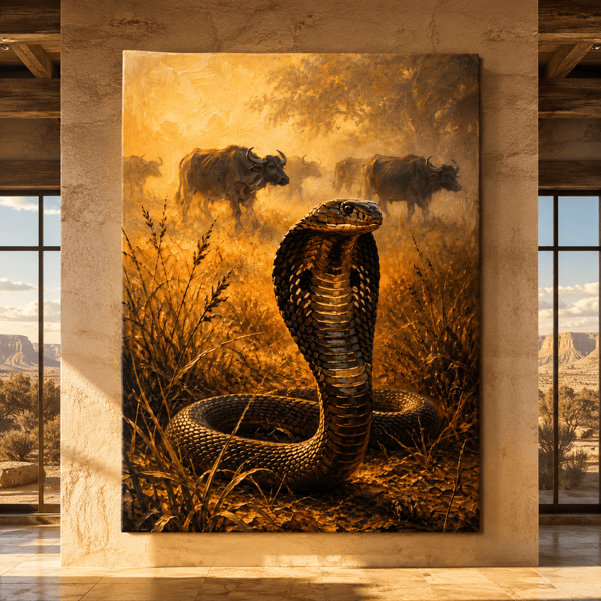 King Cobra in the Golden Savanna Wrapped Canvas Wall Art – Classical Oil Painting Wildlife Print - ART OF ROYALS