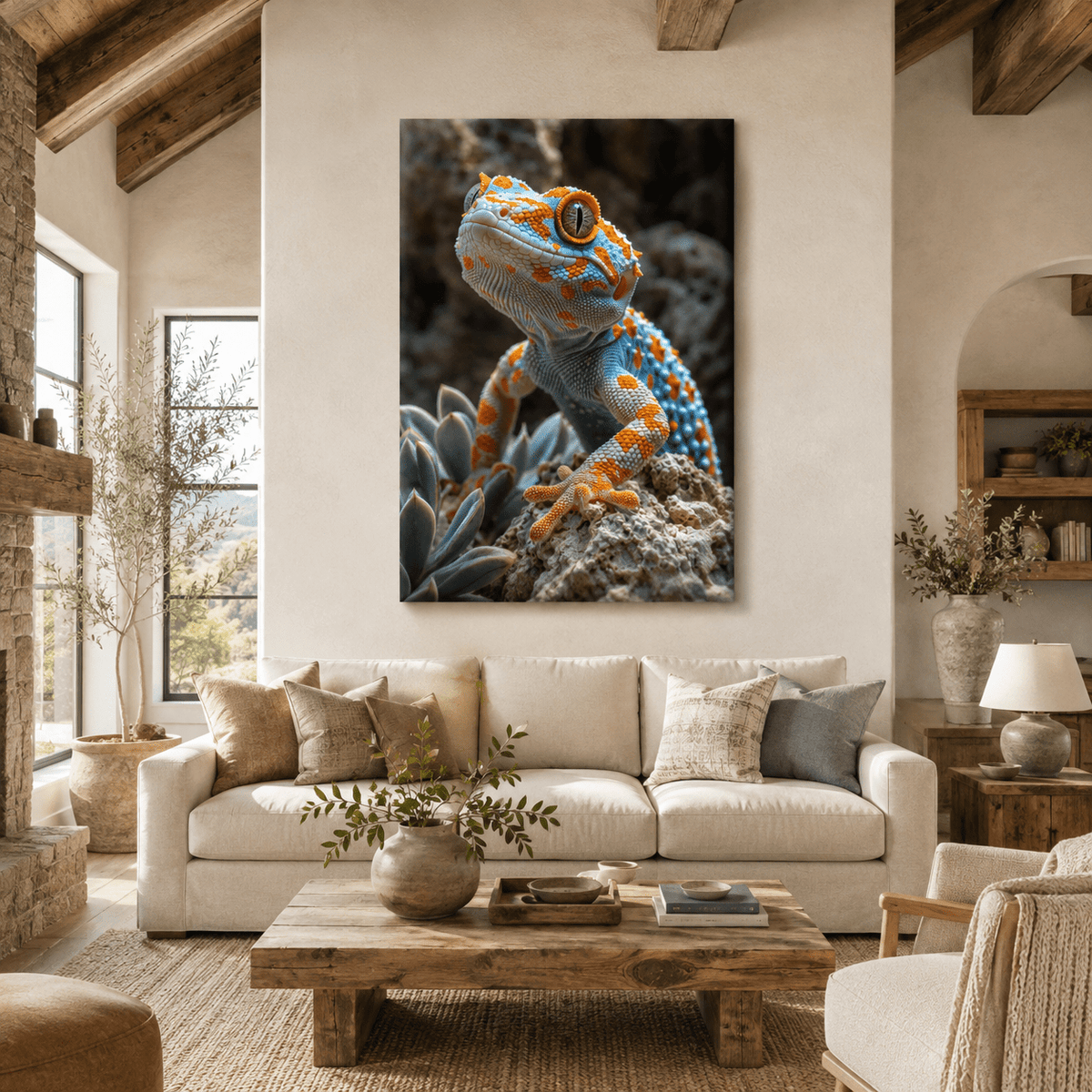 Blue and Orange Gecko Wrapped Canvas Wall Art – Colorful Reptile Close-Up Nature Print - ART OF ROYALS