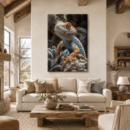 Blue and Orange Gecko Wrapped Canvas Wall Art – Colorful Reptile Close-Up Nature Print - ART OF ROYALS