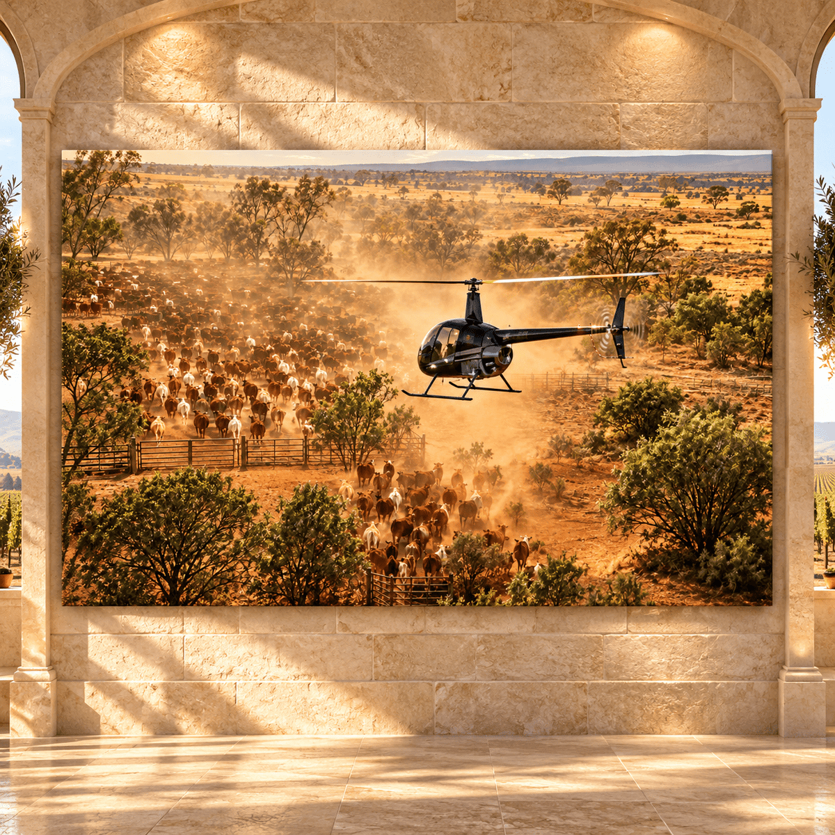 Helicopter Mustering Massive Cattle Herd Wrapped Canvas Wall Art – Dusty Ranch Aviation Landscape Print - ART OF ROYALS