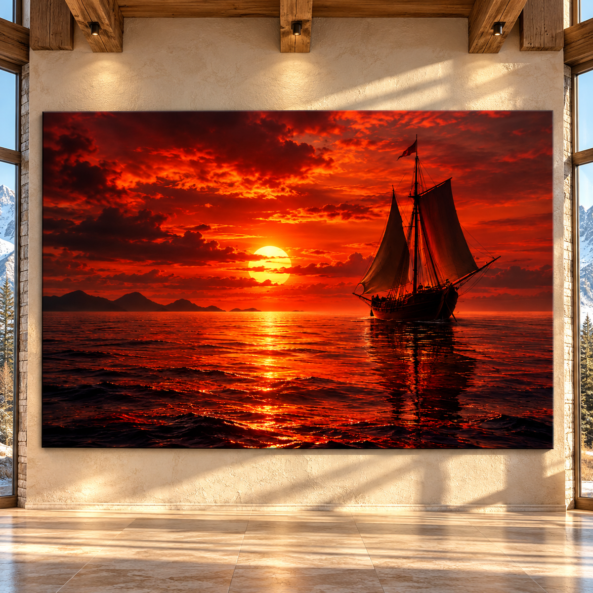 Vintage Sailing Ship at Fiery Red Sunset Wrapped Canvas Wall Art – Dramatic Ocean Seascape Print