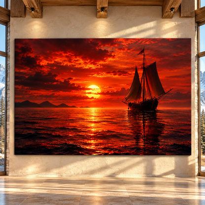 Vintage Sailing Ship at Fiery Red Sunset Wrapped Canvas Wall Art – Dramatic Ocean Seascape Print