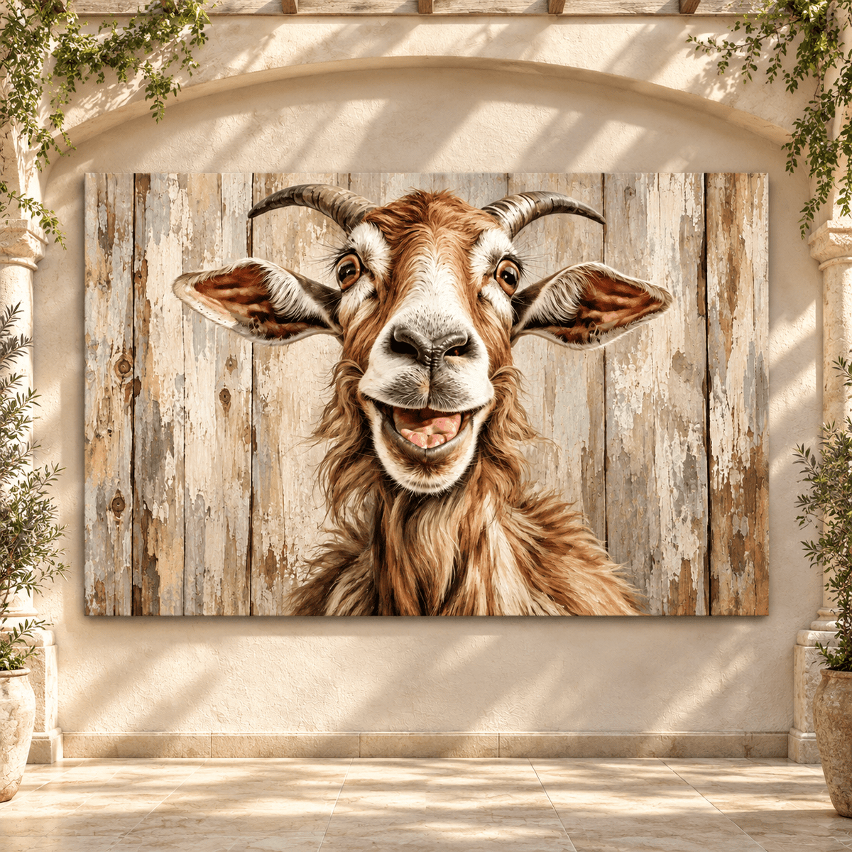 Funny Smiling Goat Wrapped Canvas Wall Art – Rustic Farmhouse Animal Portrait - ART OF ROYALS