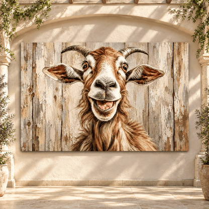 Funny Smiling Goat Wrapped Canvas Wall Art – Rustic Farmhouse Animal Portrait - ART OF ROYALS