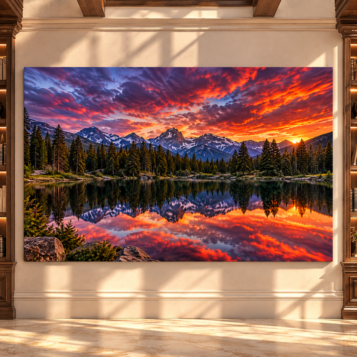 Mountain Lake Sunset Wrapped Canvas Wall Art – Dramatic Alpine Landscape with Fiery Sky