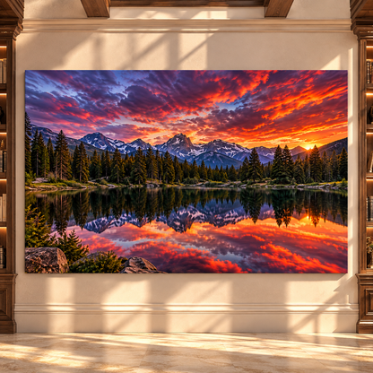 Mountain Lake Sunset Wrapped Canvas Wall Art – Dramatic Alpine Landscape with Fiery Sky