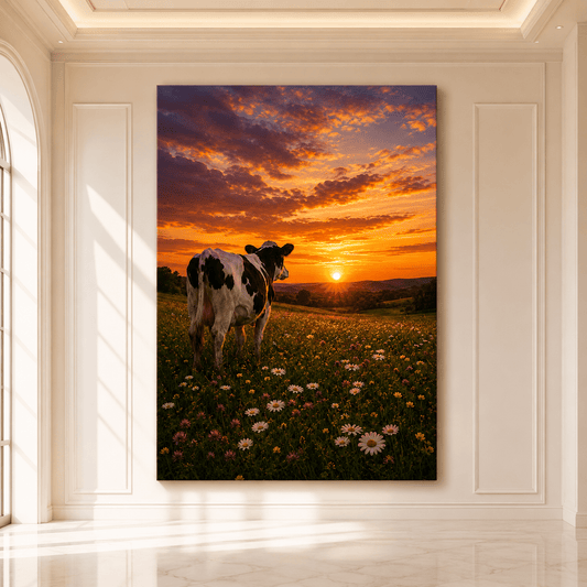 Black and White Cow at Sunset Wrapped Canvas Wall Art – Wildflower Meadow Farm Landscape Print - ART OF ROYALS