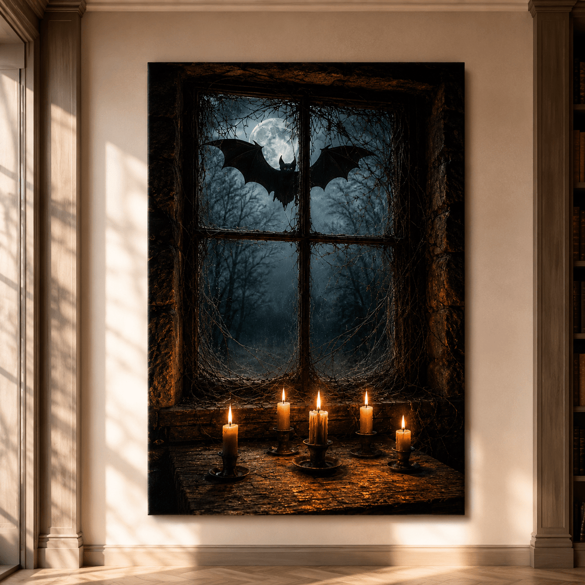 Gothic Bat at Moonlit Window Wrapped Canvas Wall Art – Dark Halloween Candlelight Print - ART OF ROYALS