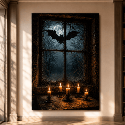 Gothic Bat at Moonlit Window Wrapped Canvas Wall Art – Dark Halloween Candlelight Print - ART OF ROYALS