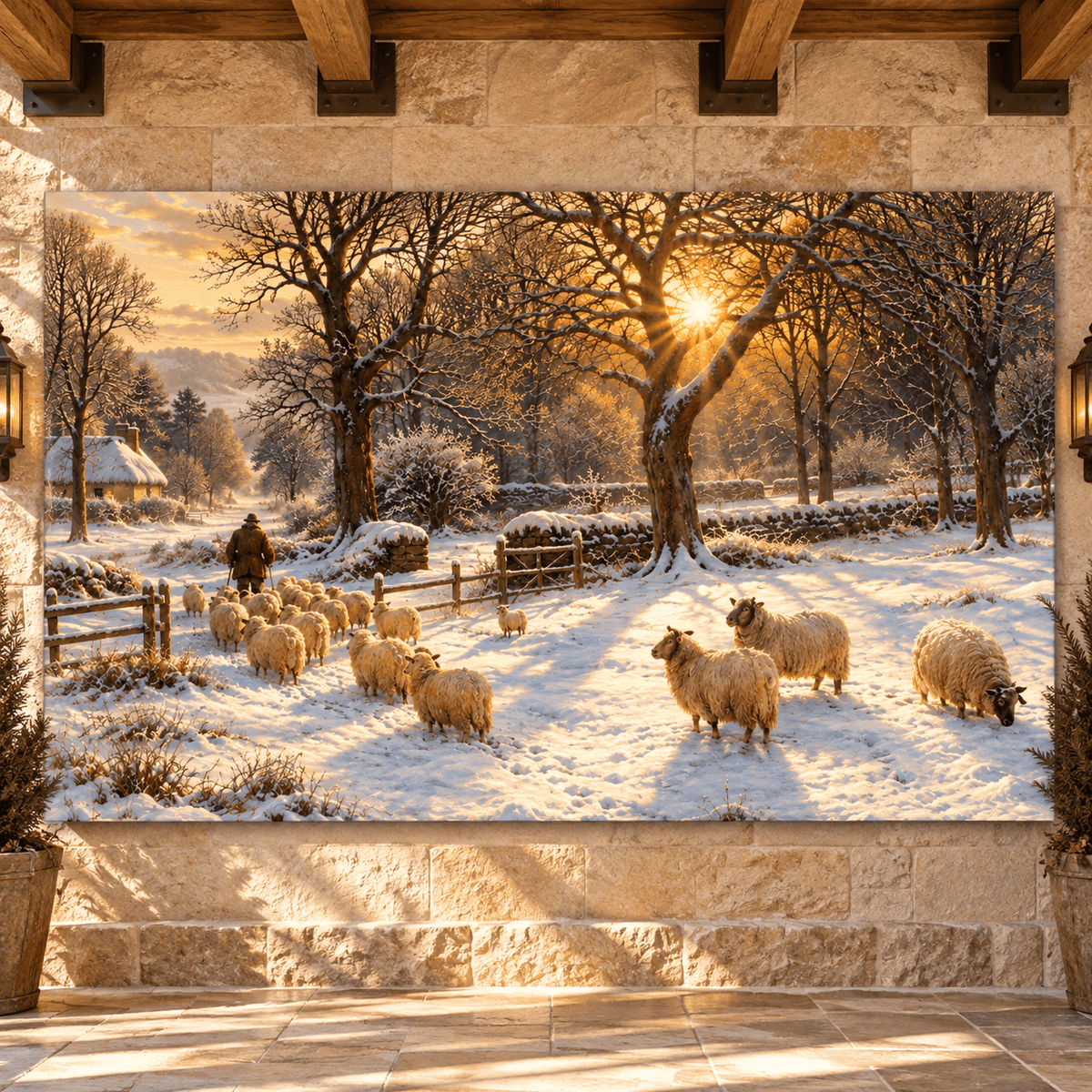 Shepherd with Sheep in Snow Wrapped Canvas Wall Art – Winter Pastoral Farm Landscape - ART OF ROYALS