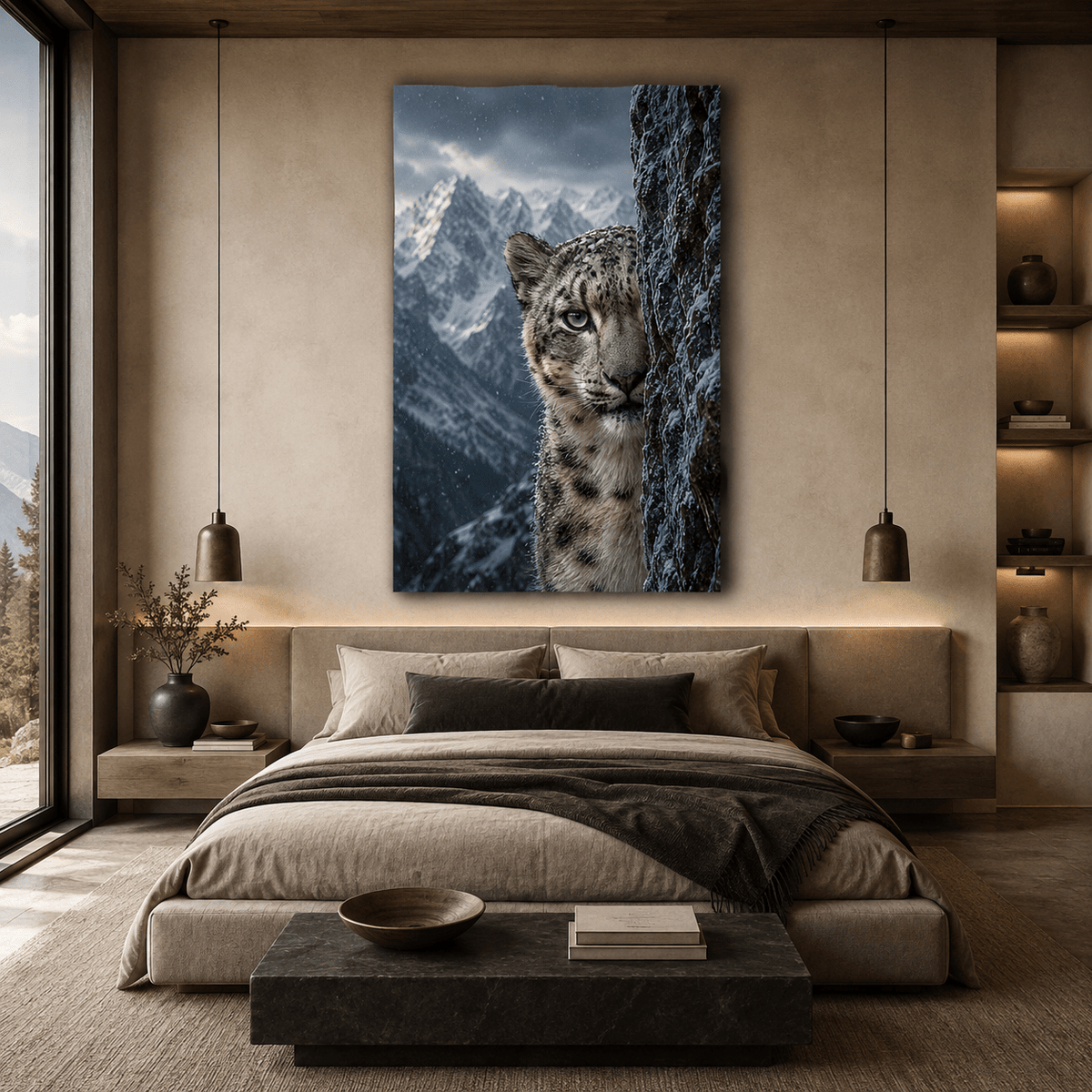 Snow Leopard Peeking from Rocky Cliff Wrapped Canvas Wall Art – Mountain Wildlife Portrait Print - ART OF ROYALS