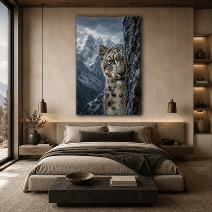 Snow Leopard Peeking from Rocky Cliff Wrapped Canvas Wall Art – Mountain Wildlife Portrait Print - ART OF ROYALS