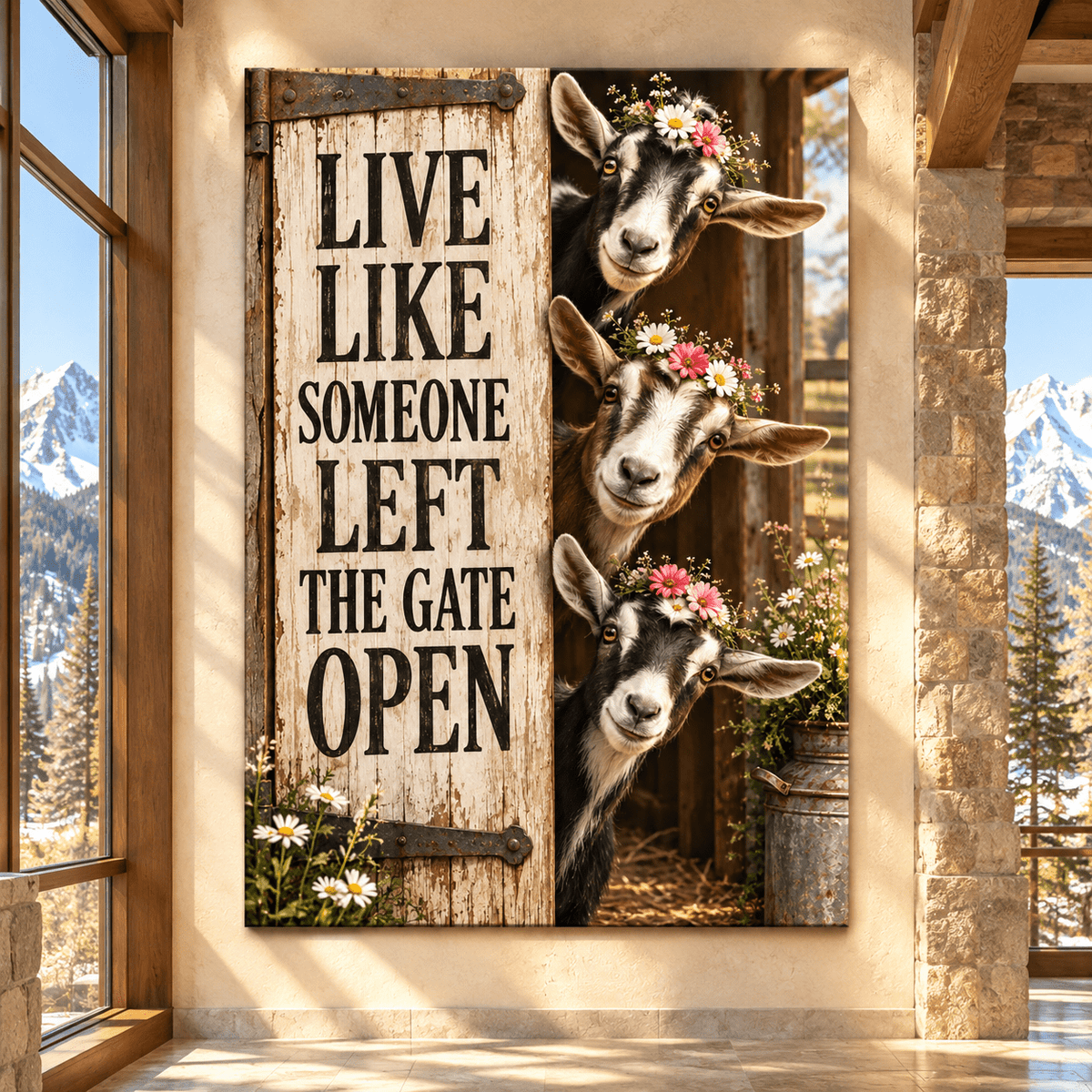 Funny Goats “Live Like Someone Left the Gate Open” Wrapped Canvas Wall Art – Rustic Farmhouse Goat Sign - ART OF ROYALS