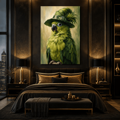 Green Parrot in Feathered Hat Wrapped Canvas Wall Art – Whimsical Tropical Bird Portrait Print - ART OF ROYALS