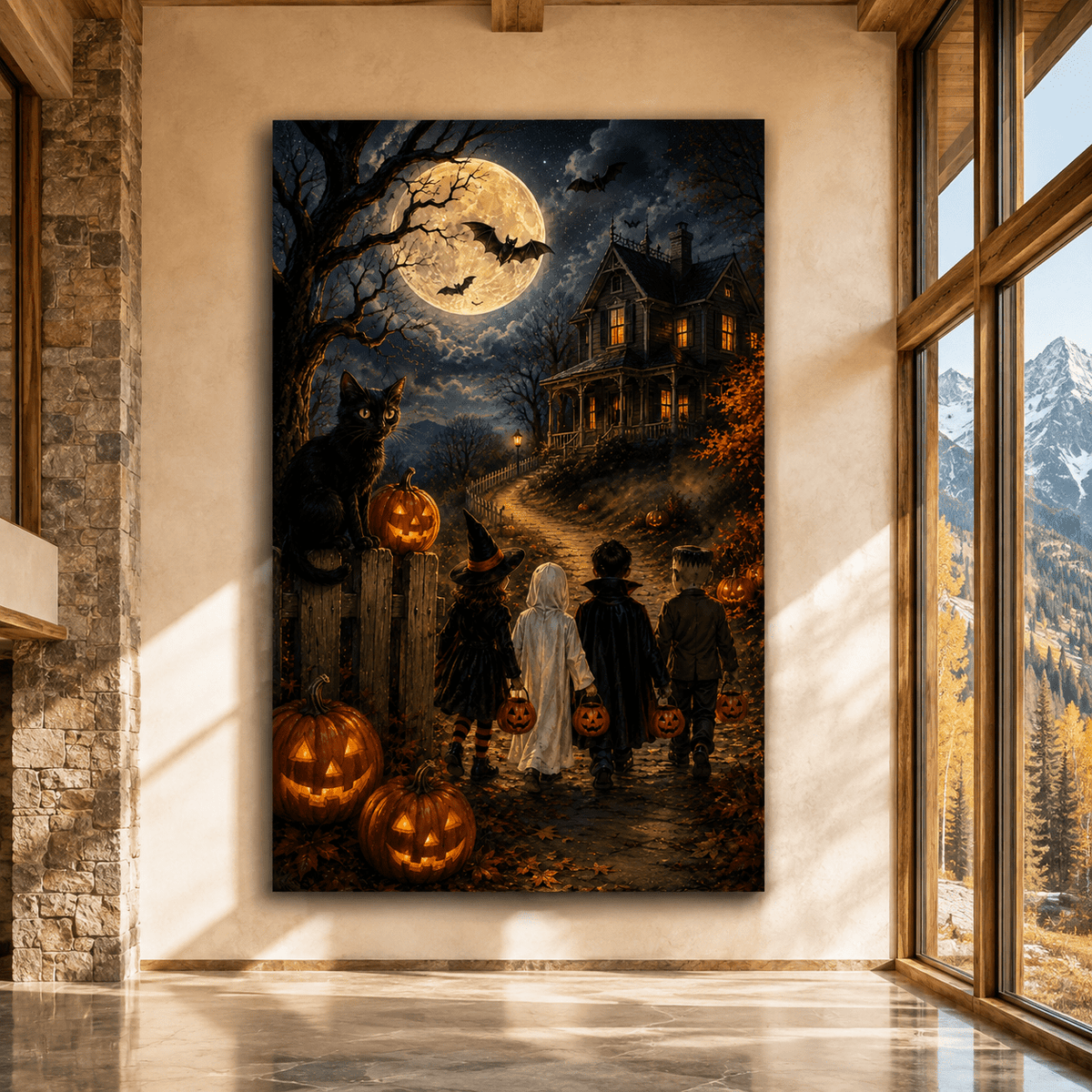 Trick-or-Treaters Walking to a Haunted House Wrapped Canvas Wall Art – Vintage Halloween Night Print - ART OF ROYALS