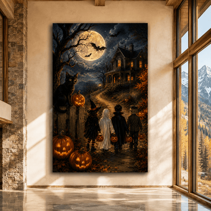 Trick-or-Treaters Walking to a Haunted House Wrapped Canvas Wall Art – Vintage Halloween Night Print - ART OF ROYALS