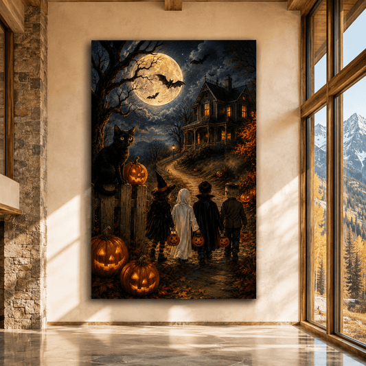 Three Witches Beneath a Blood Moon Wrapped Canvas Wall Art – Dark Halloween Witch Procession Print - ART OF ROYALS