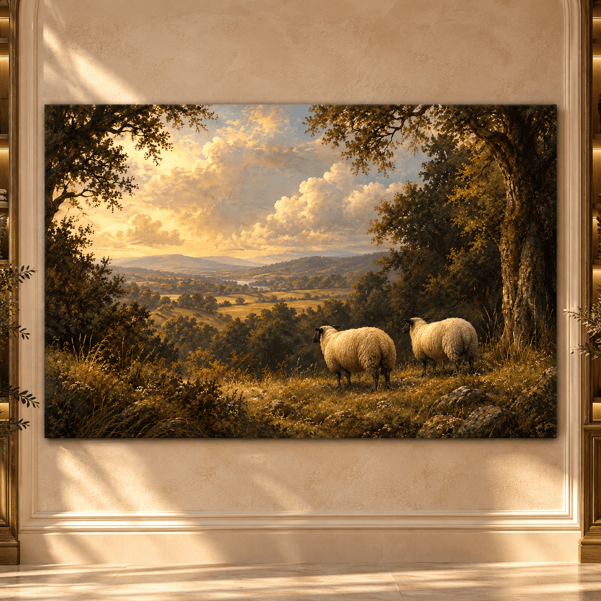 Two Sheep Overlooking Countryside Wrapped Canvas Wall Art – Pastoral Farm Landscape Painting - ART OF ROYALS