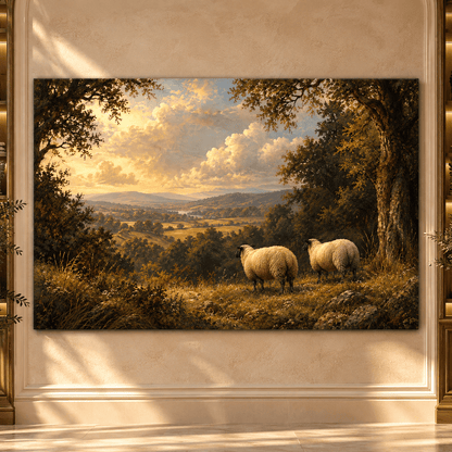 Two Sheep Overlooking Countryside Wrapped Canvas Wall Art – Pastoral Farm Landscape Painting - ART OF ROYALS