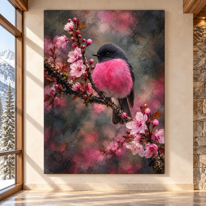 Pink Robin on Cherry Blossom Branch Wrapped Canvas Wall Art – Romantic Floral Bird Painting