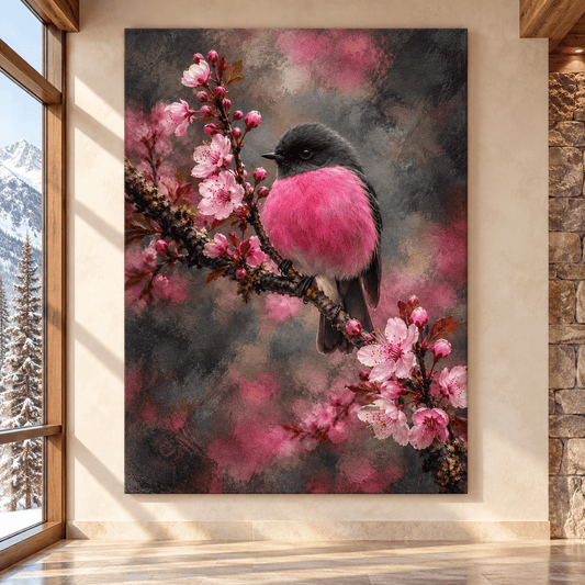 Pink Robin on Cherry Blossom Branch Wrapped Canvas Wall Art – Romantic Floral Bird Painting - ART OF ROYALS