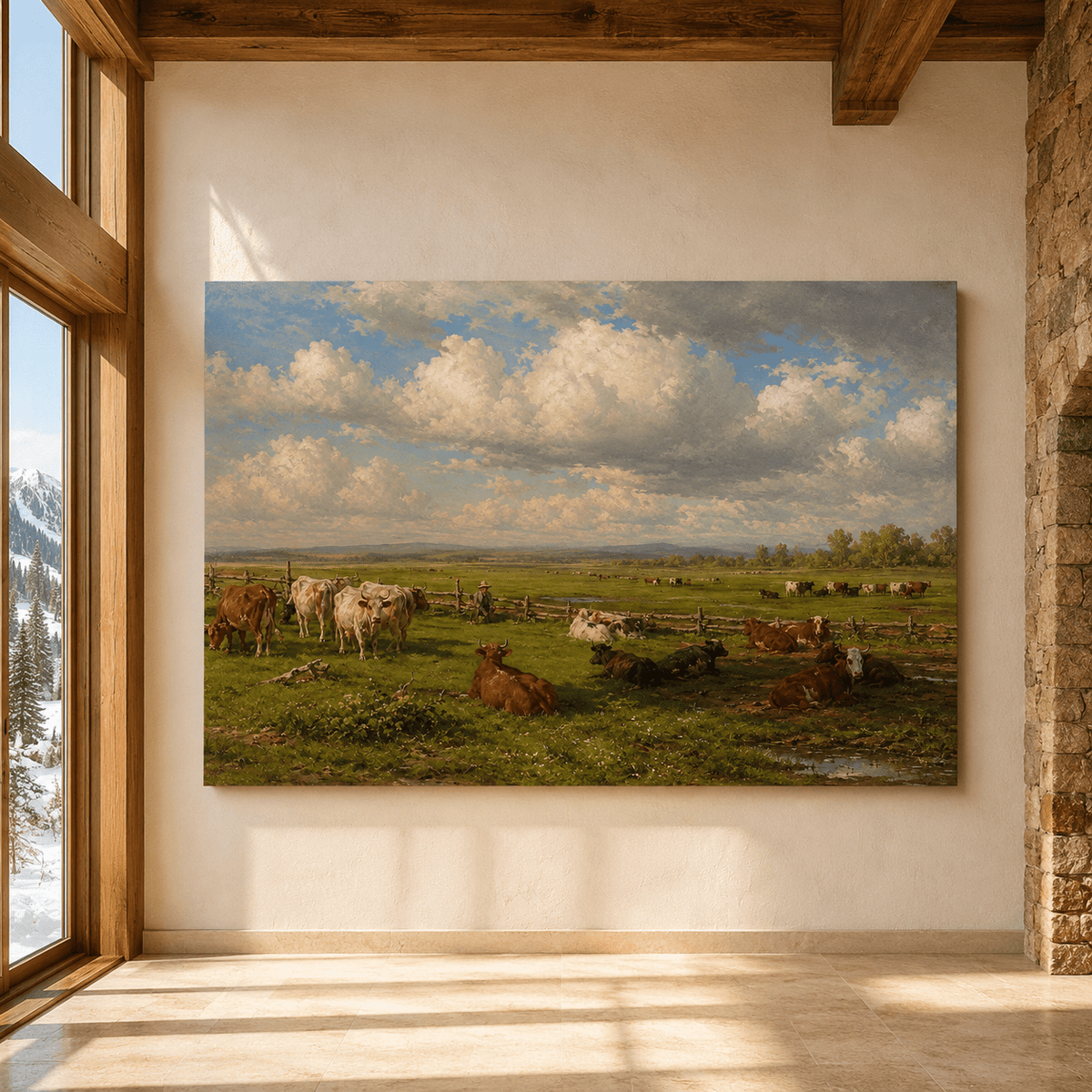 Cattle Herd in Open Pasture Wrapped Canvas Wall Art – Vintage Farm Landscape Cow Print - ART OF ROYALS