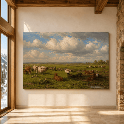 Cattle Herd in Open Pasture Wrapped Canvas Wall Art – Vintage Farm Landscape Cow Print - ART OF ROYALS
