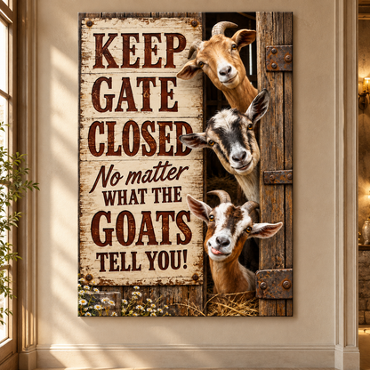 Funny Goat “Keep Gate Closed” Wrapped Canvas Wall Art – Rustic Farmhouse Barn Humor Sign