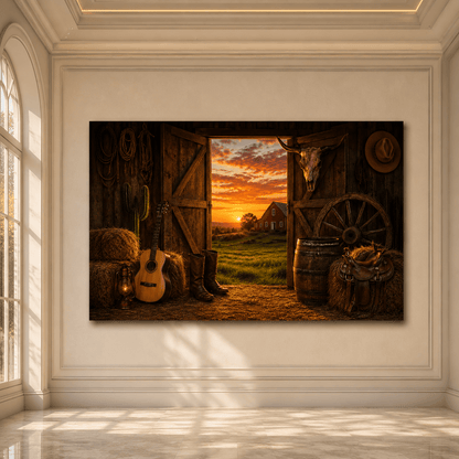 Rustic Western Barn at Sunset Wrapped Canvas Wall Art – Cowboy Ranch Saddle & Guitar Decor - ART OF ROYALS