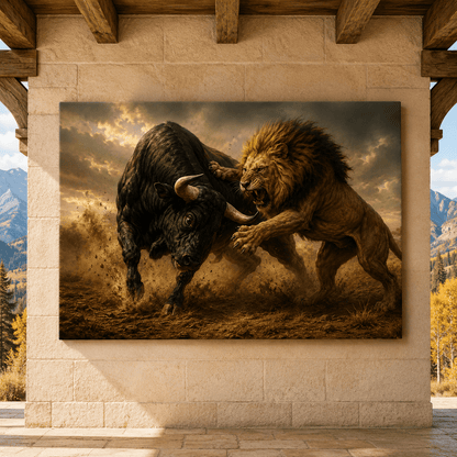 Lion Fighting Black Bull Wrapped Canvas Wall Art – Dramatic Wildlife Battle & Western Cattle Print - ART OF ROYALS