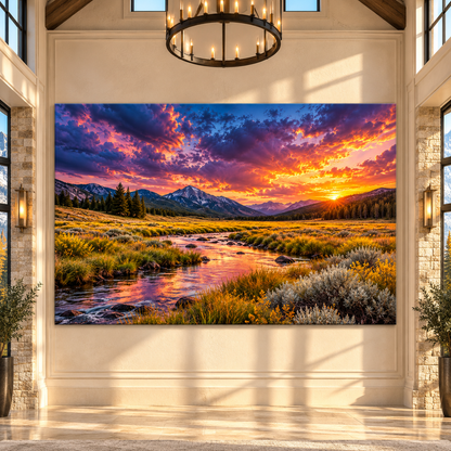 Mountain Valley Sunset Wrapped Canvas Wall Art – Golden River & Dramatic Sky Landscape - ART OF ROYALS
