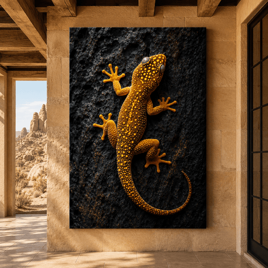 Orange Gecko Wrapped Canvas Wall Art – Golden Spotted Lizard on Dark Rock Print - ART OF ROYALS