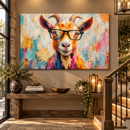 Funny Goat With Glasses Wrapped Canvas Wall Art – Colorful Farm Animal Portrait