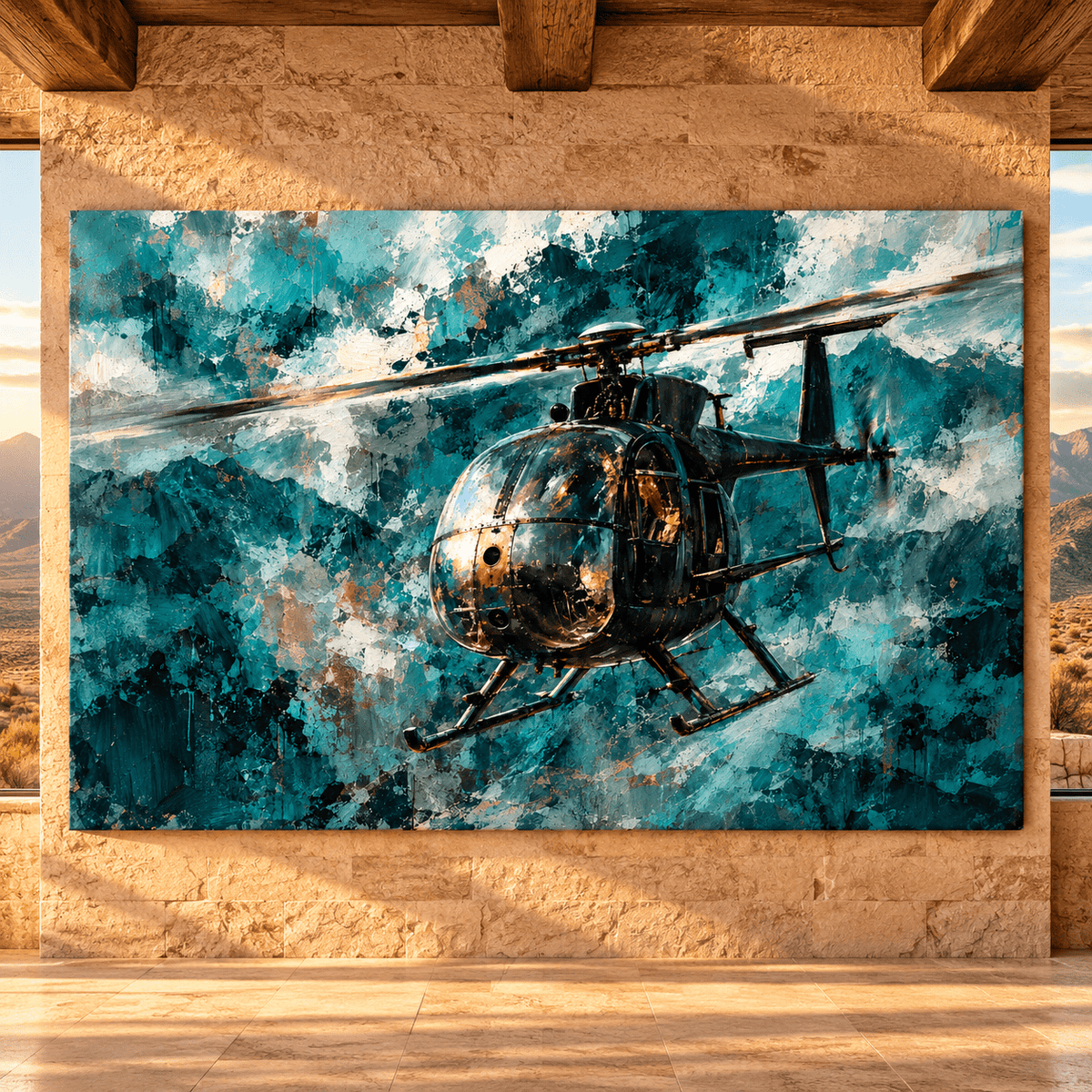 Abstract Helicopter Wrapped Canvas Wall Art – Teal Aviation Painting for Modern Office Decor - ART OF ROYALS