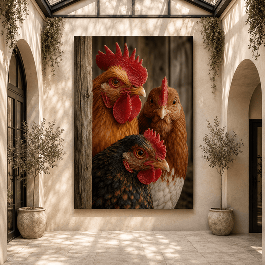 Three Chickens in Rustic Barn Wrapped Canvas Wall Art – Farmhouse Hen & Rooster Portrait Print - ART OF ROYALS