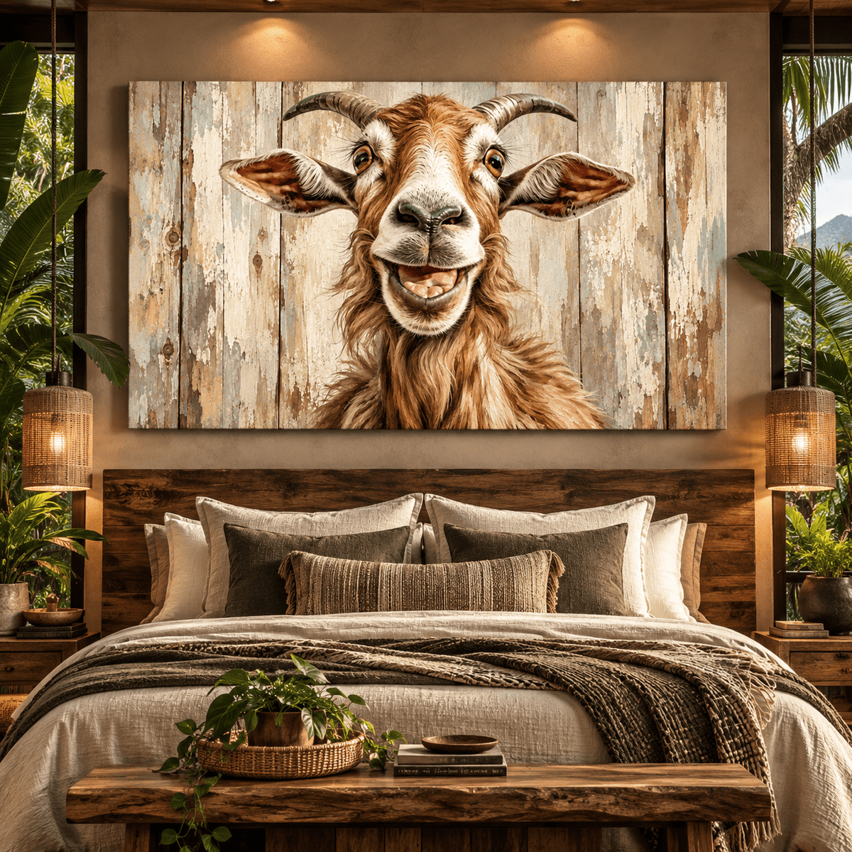 Funny Smiling Goat Wrapped Canvas Wall Art – Rustic Farmhouse Animal Portrait - ART OF ROYALS