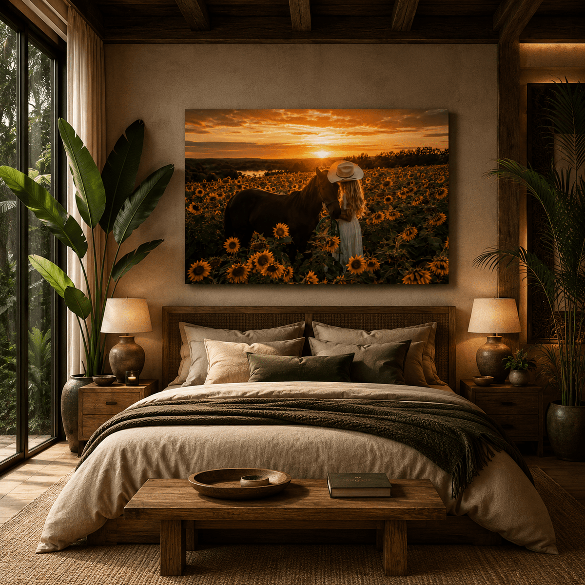 Cowgirl with Black Horse in Sunflower Field Wrapped Canvas Wall Art – Western Sunset Horse Print - ART OF ROYALS