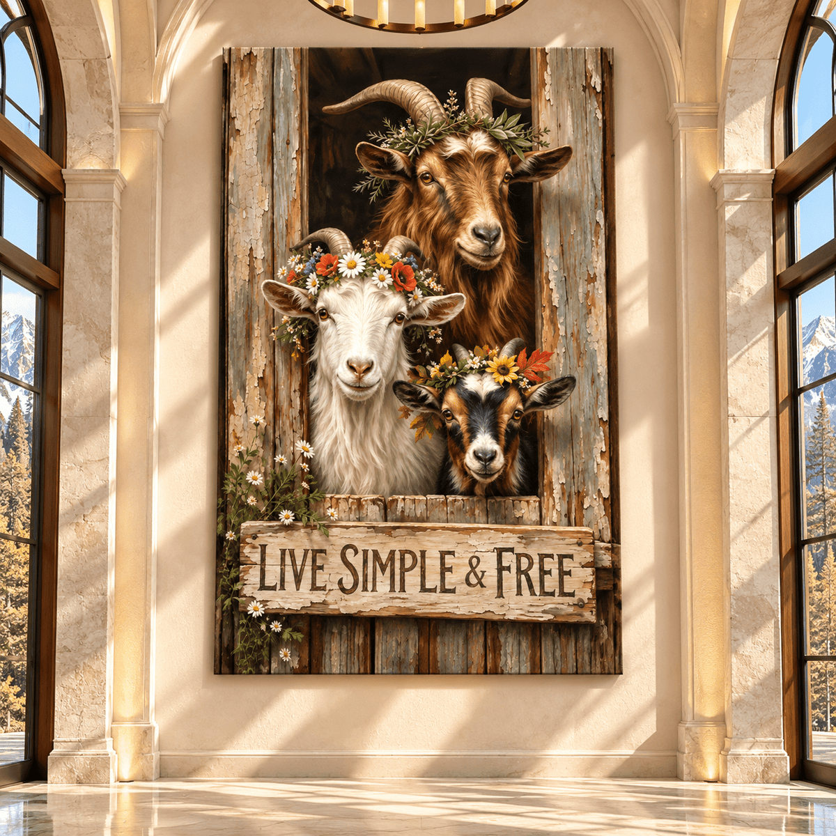 Live Simple & Free Goat Wrapped Canvas Wall Art – Rustic Farmhouse Floral Goat Decor - ART OF ROYALS