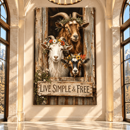 Live Simple & Free Goat Wrapped Canvas Wall Art – Rustic Farmhouse Floral Goat Decor - ART OF ROYALS