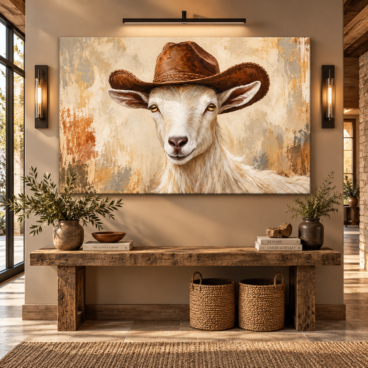 Funny Cowboy Goat Wrapped Canvas Wall Art – Western Farmhouse Goat Portrait