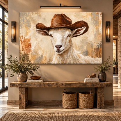 Funny Cowboy Goat Wrapped Canvas Wall Art – Western Farmhouse Goat Portrait